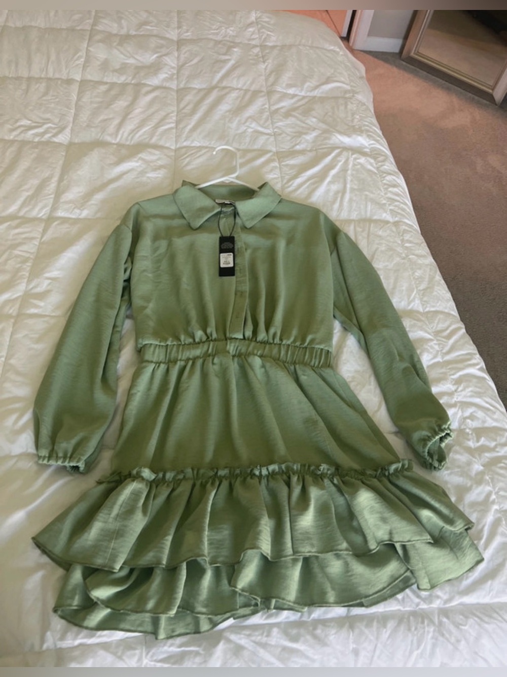 Fashion Nova Light Sage Ruffle-Trim Collared Dress